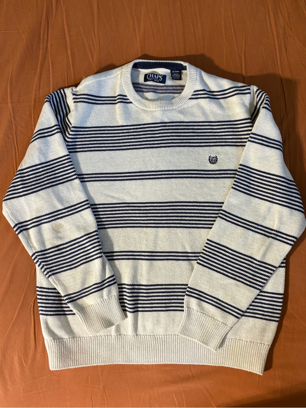Chaps Men’s Cream and Navy Striped Crew Sweater